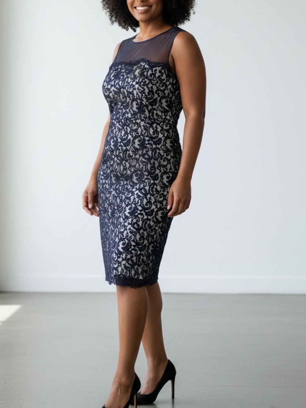 Tadashi Shoji Sleeveless Navy Lace Midi Dress with Sheer Illusion Like New